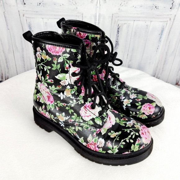 Target Shoes - Mossimo Blk Floral Combat Boots Zip/Tie Sz 8